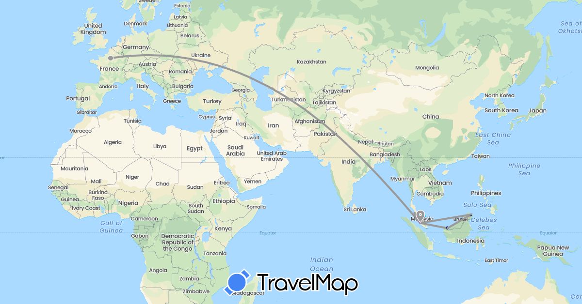 TravelMap itinerary: driving, bus, plane, train, boat in France, Malaysia (Asia, Europe)